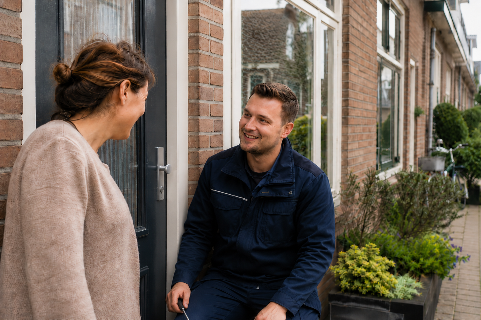 Man die een oudere vrouw helpt aan een slot