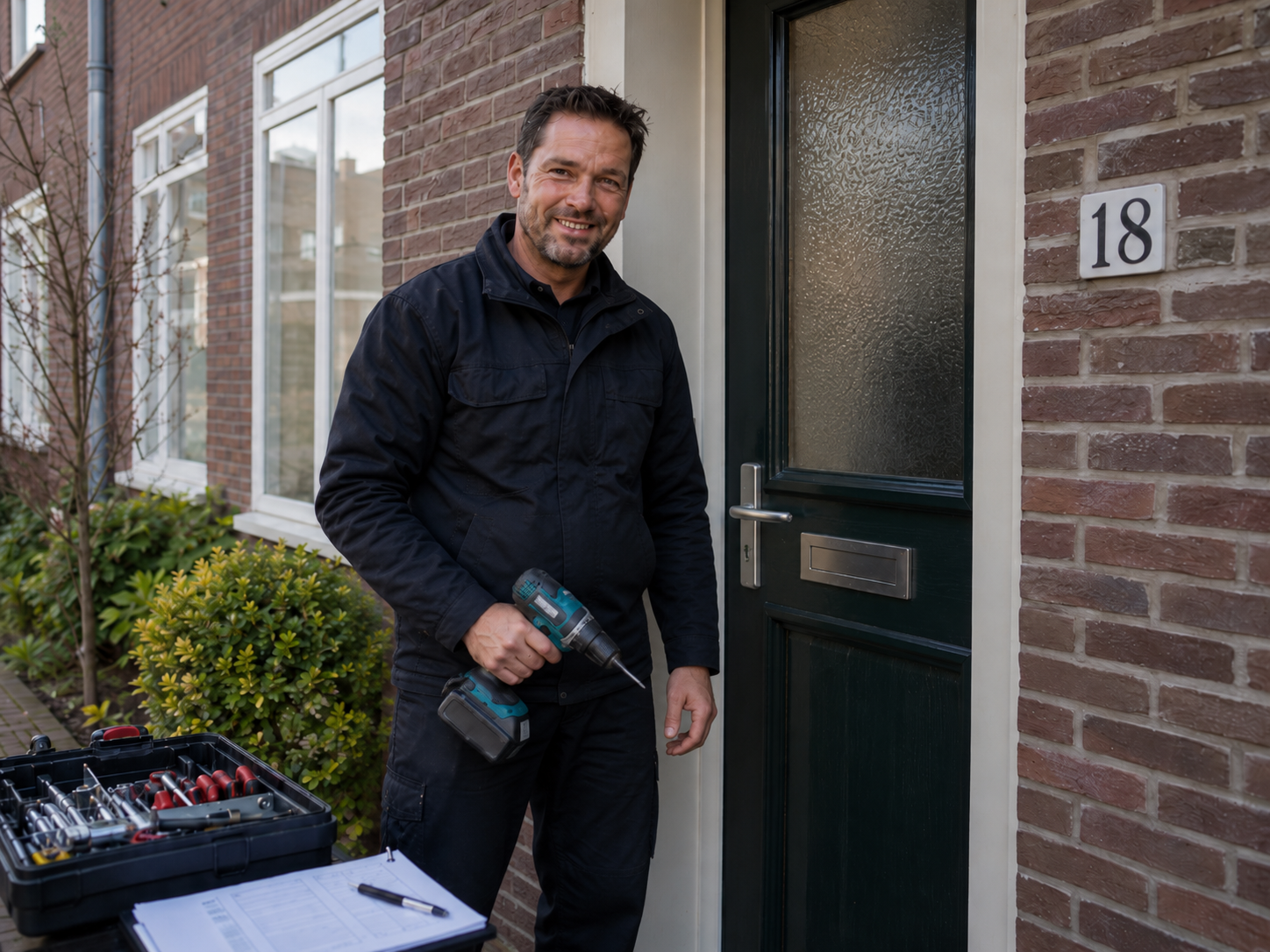 slotenmaker die aan een voordeur werkt