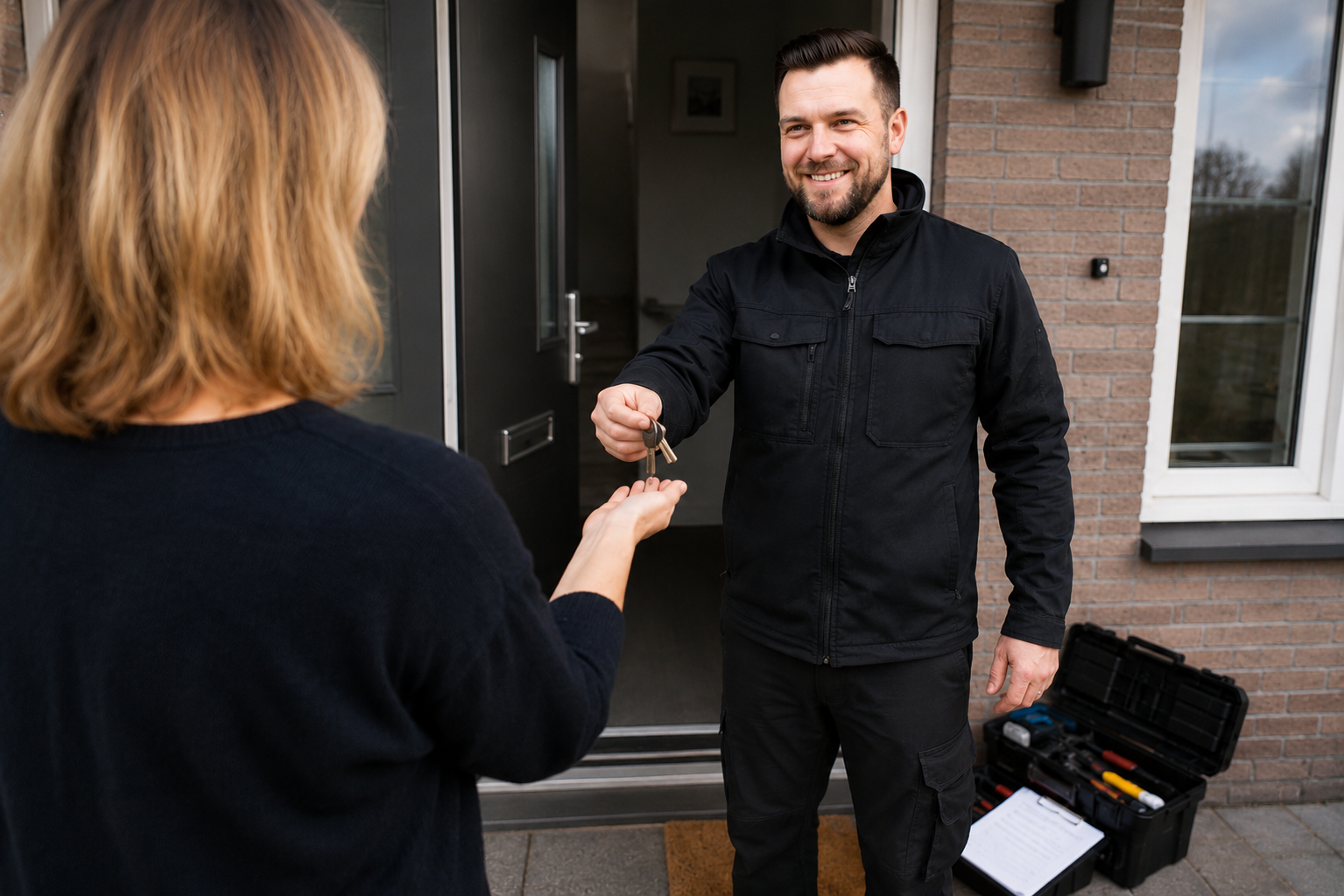 slotenmaker die na reparereren, de sleutels overhandigt aan de bewoner